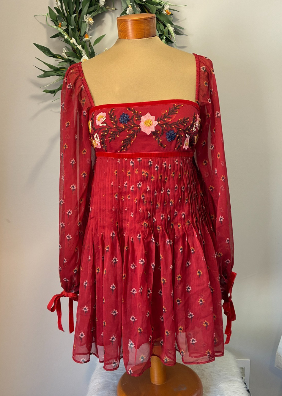 Free People Through The Meadow Mini Dress Red Embroidered Smocked Boho, Size XS